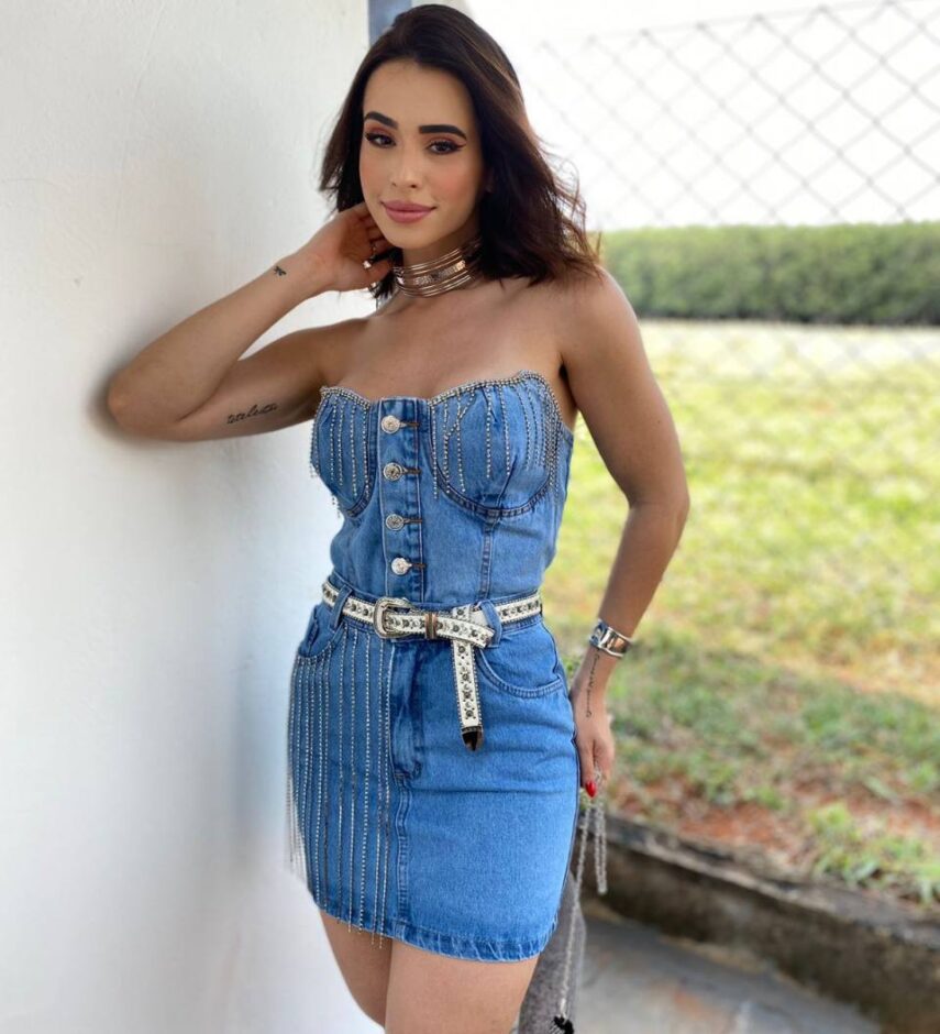 Saia Jeans Curta Maria Alice Fringe Strass - Fernanda Ramos Store