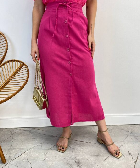 Saia Midi Feminina Viscolinho com Amarração Pink - Fernanda Ramos Store