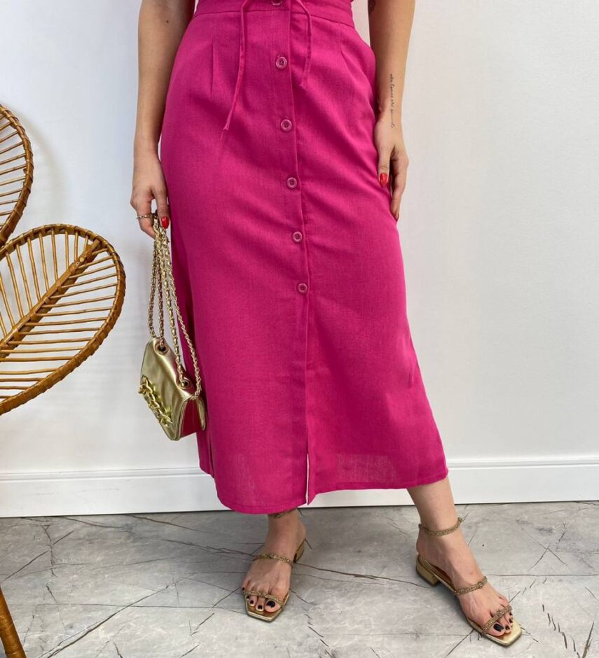 Saia Midi Feminina Viscolinho com Amarração Pink - Fernanda Ramos Store