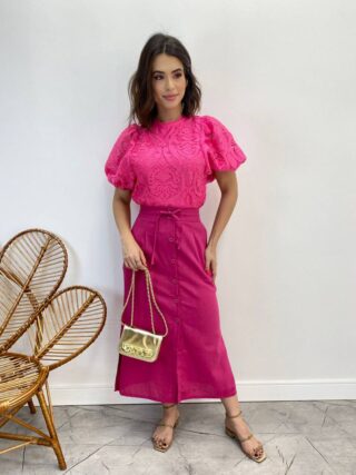 Saia Midi Feminina Viscolinho com Amarração Pink - Fernanda Ramos Store