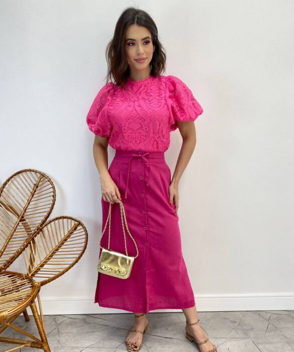 Saia Midi Feminina Viscolinho com Amarração Pink - Fernanda Ramos Store