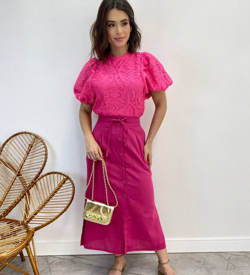 Saia Midi Feminina Viscolinho com Amarração Pink - Fernanda Ramos Store