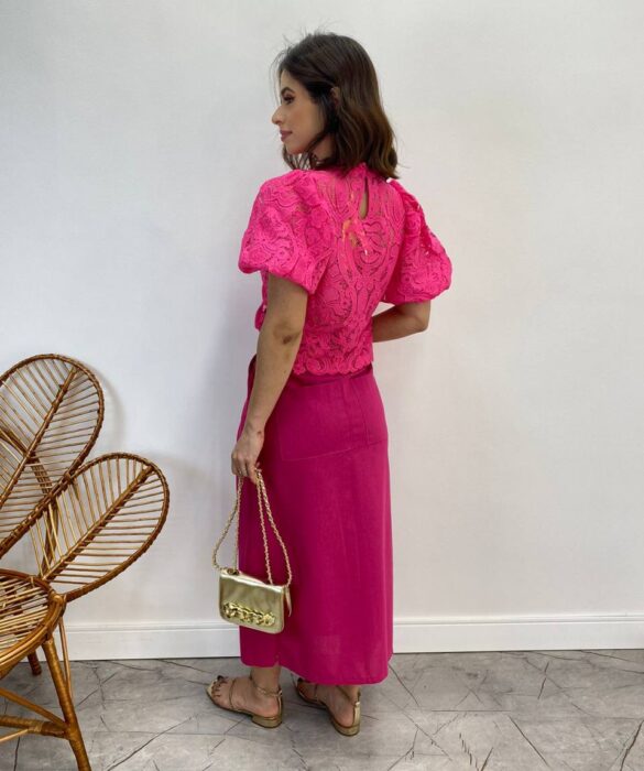 Saia Midi Feminina Viscolinho com Amarração Pink - Fernanda Ramos Store