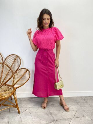 Saia Midi Feminina Viscolinho com Amarração Pink - Fernanda Ramos Store