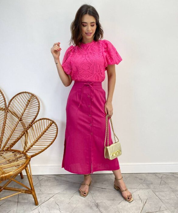 Saia Midi Feminina Viscolinho com Amarração Pink - Fernanda Ramos Store