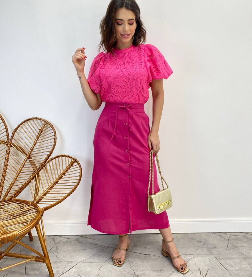 Saia Midi Feminina Viscolinho com Amarração Pink - Fernanda Ramos Store