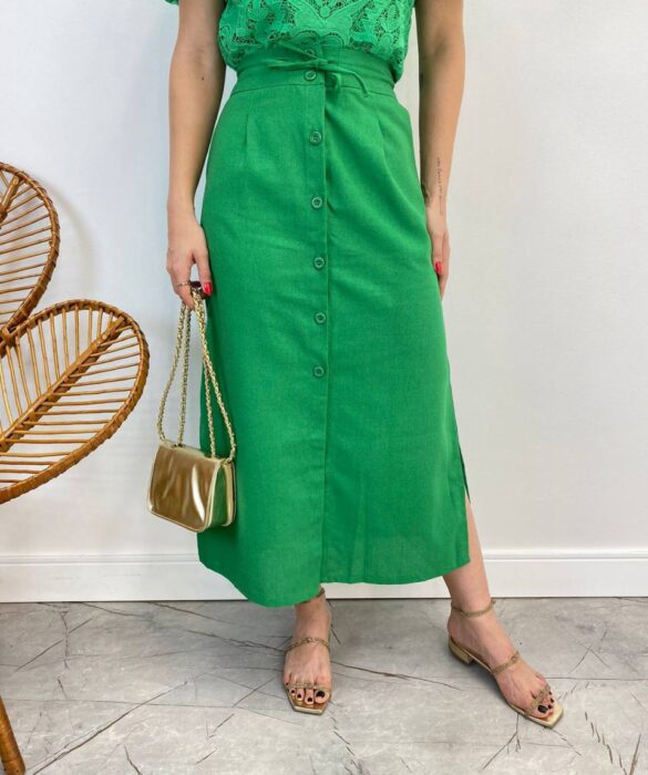 Saia Midi Feminina Viscolinho com Amarração Verde - Fernanda Ramos Store