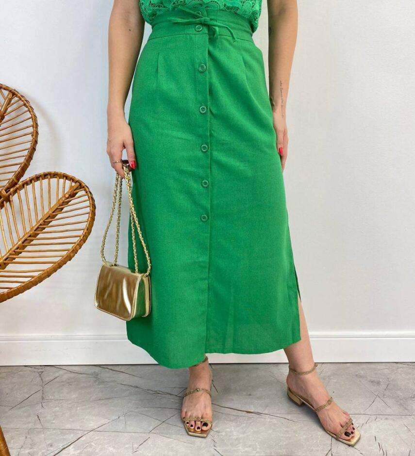 Saia Midi Feminina Viscolinho com Amarração Verde - Fernanda Ramos Store