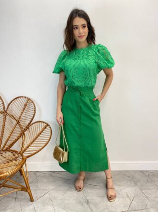 Saia Midi Feminina Viscolinho com Amarração Verde - Fernanda Ramos Store