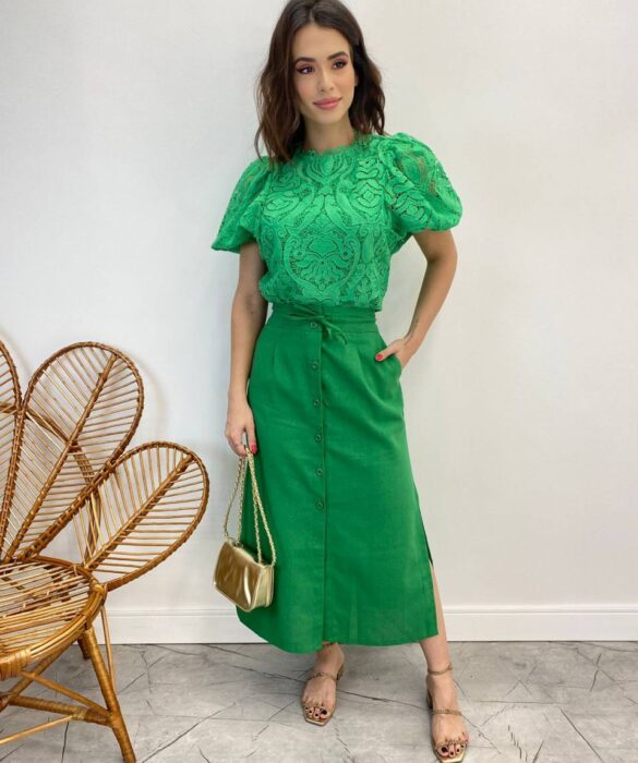 Saia Midi Feminina Viscolinho com Amarração Verde - Fernanda Ramos Store