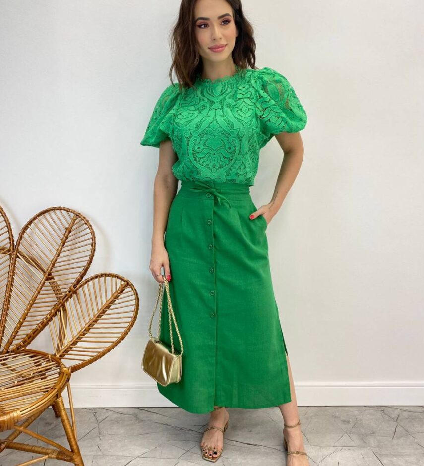 Saia Midi Feminina Viscolinho com Amarração Verde - Fernanda Ramos Store