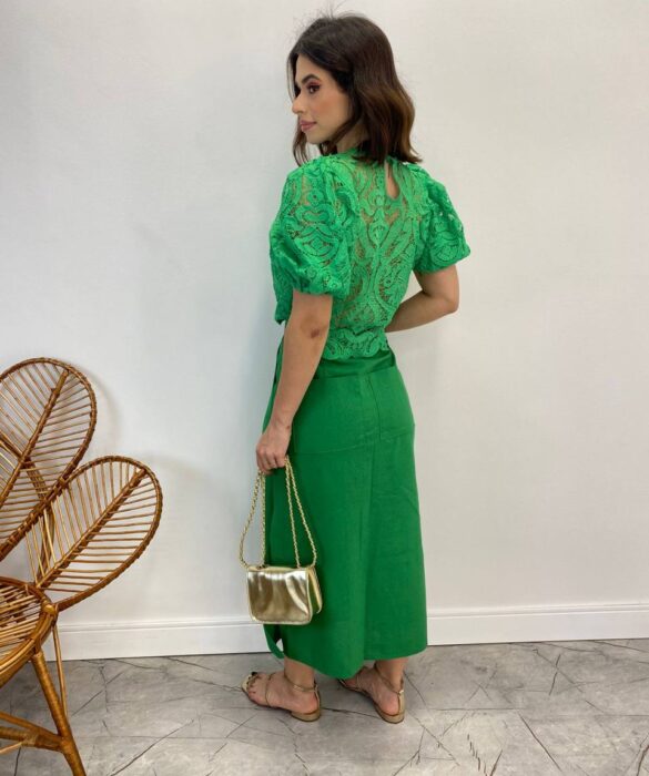 Saia Midi Feminina Viscolinho com Amarração Verde - Fernanda Ramos Store