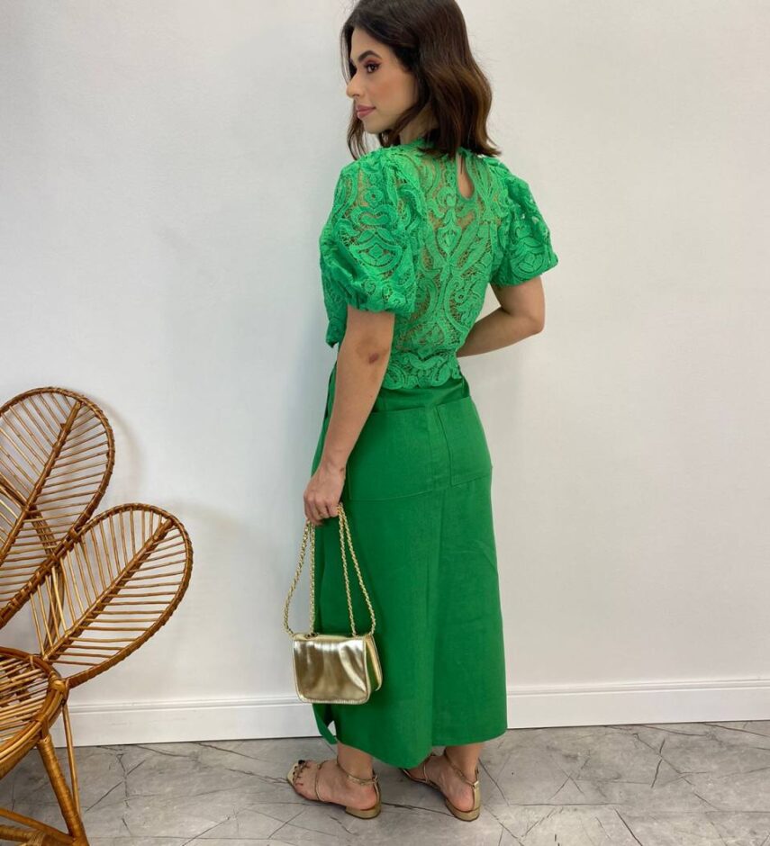 Saia Midi Feminina Viscolinho com Amarração Verde - Fernanda Ramos Store
