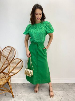 Saia Midi Feminina Viscolinho com Amarração Verde - Fernanda Ramos Store