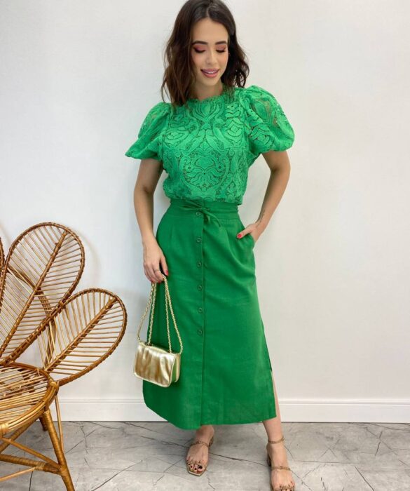 Saia Midi Feminina Viscolinho com Amarração Verde - Fernanda Ramos Store