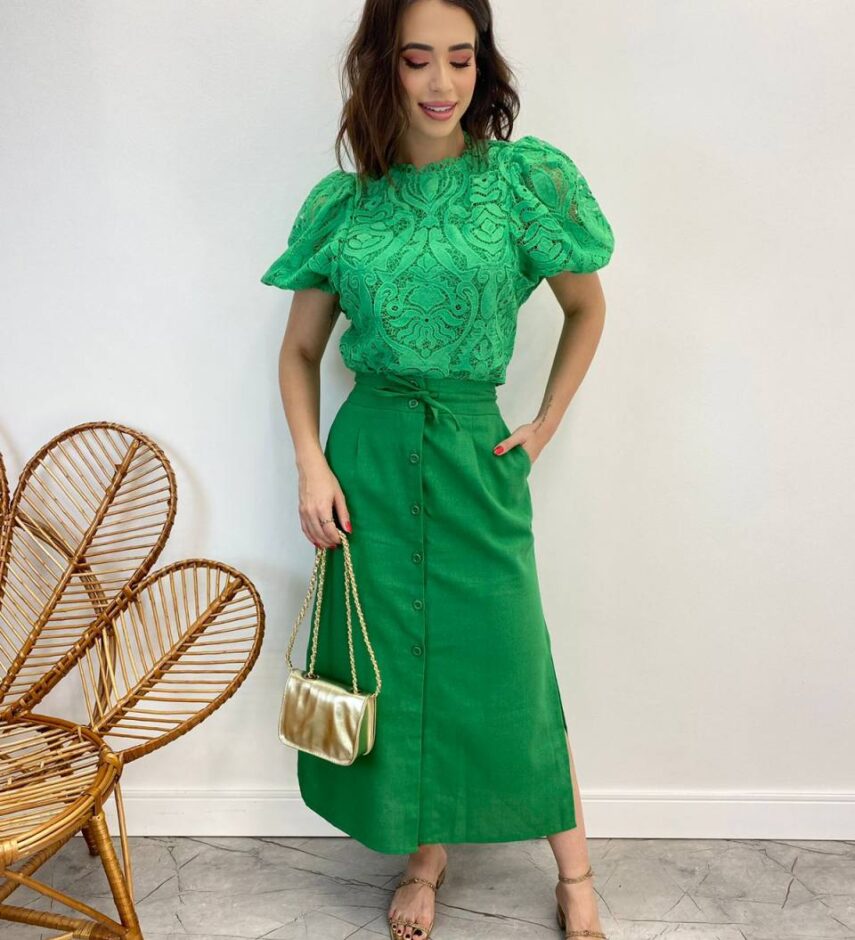 Saia Midi Feminina Viscolinho com Amarração Verde - Fernanda Ramos Store