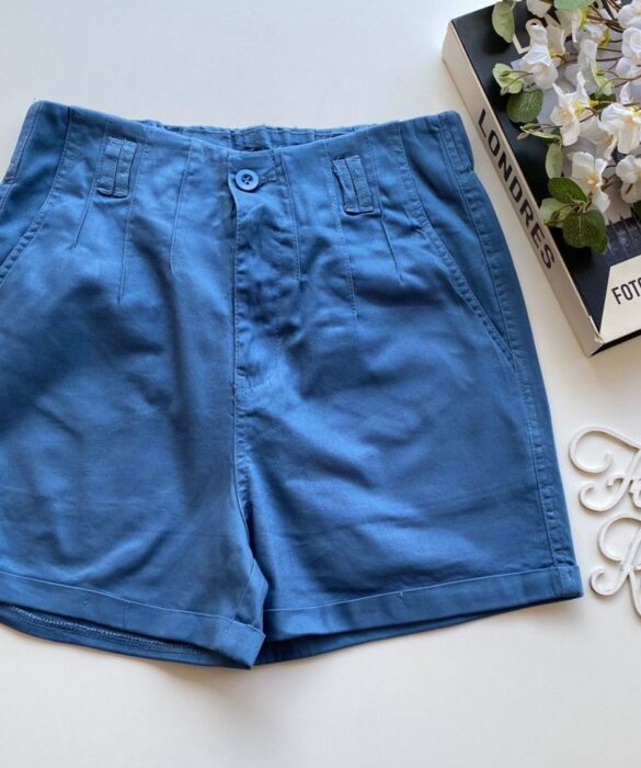 Short Feminino Sarja com Detalhe em Pregas Mariah Azul - Fernanda Ramos Store