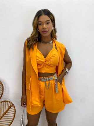 Trijunto Feminino Colete + Cropped com Bojo + Short Laranja - Fernanda Ramos Store