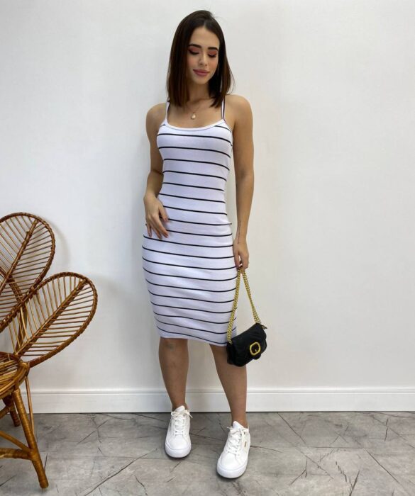 Vestido Curto sem Bojo Malha Canelada de Alcinha Listrado Branco - Fernanda Ramos Store