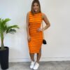 Vestido Curto sem Bojo Malha Canelada Listrado Laranja - Fernanda Ramos Store