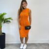 Vestido Curto sem Bojo Malha Canelada Listrado Laranja - Fernanda Ramos Store