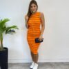 Vestido Curto sem Bojo Malha Canelada Listrado Laranja - Fernanda Ramos Store