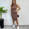 Vestido Curto sem Bojo Malha Canelada Listrado Marrom - Fernanda Ramos Store