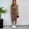 Vestido Curto sem Bojo Malha Canelada Listrado Marrom - Fernanda Ramos Store