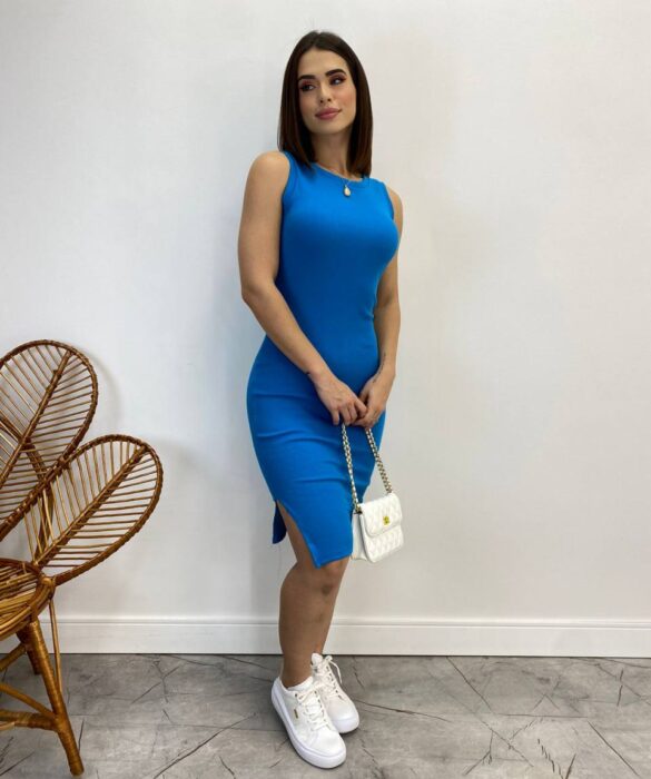 Vestido Curto sem Bojo Natalia Canelado com Fenda Azul - Fernanda Ramos Store