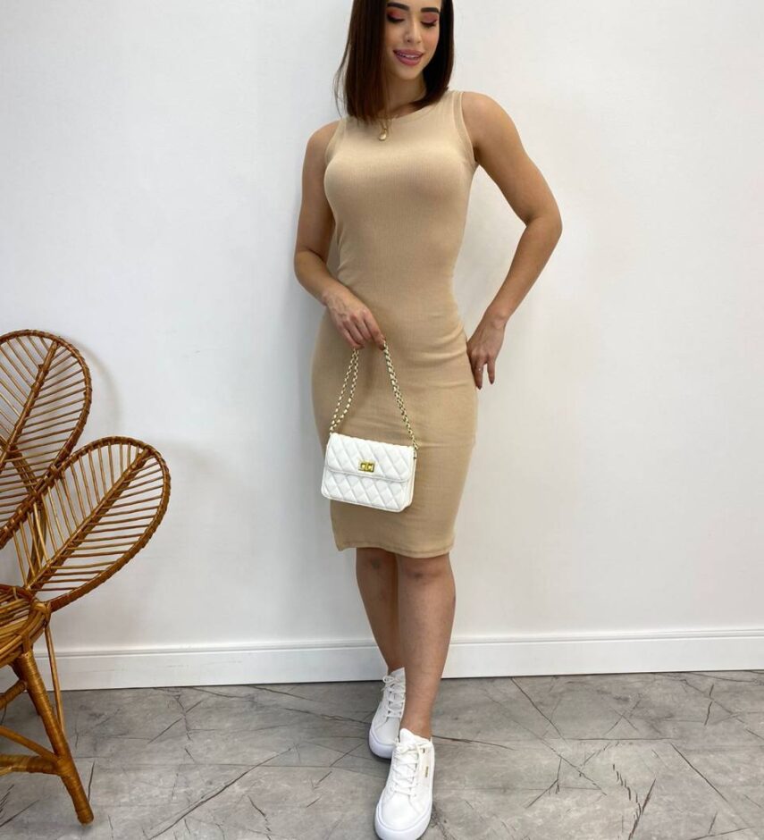 Vestido Curto sem Bojo Natalia Canelado com Fenda Bege - Fernanda Ramos Store