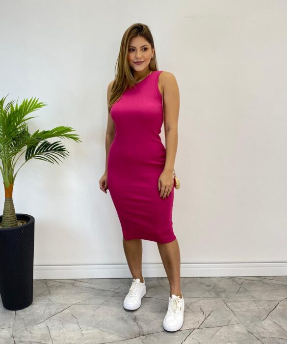 Vestido Curto sem Bojo Natalia Canelado com Fenda Pink - Fernanda Ramos Store