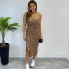 Vestido Feminino com Bojo Canelado Tomara que Caia Listrado Bege - Fernanda Ramos Store