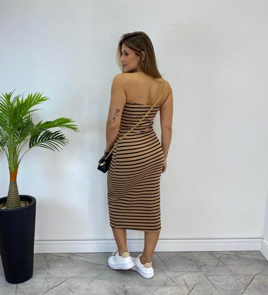 Vestido Feminino com Bojo Canelado Tomara que Caia Listrado Bege - Fernanda Ramos Store