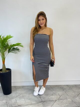 Vestido Feminino com Bojo Canelado Tomara que Caia Listrado Preto - Fernanda Ramos Store