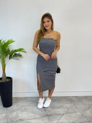 Vestido Feminino com Bojo Canelado Tomara que Caia Listrado Preto - Fernanda Ramos Store