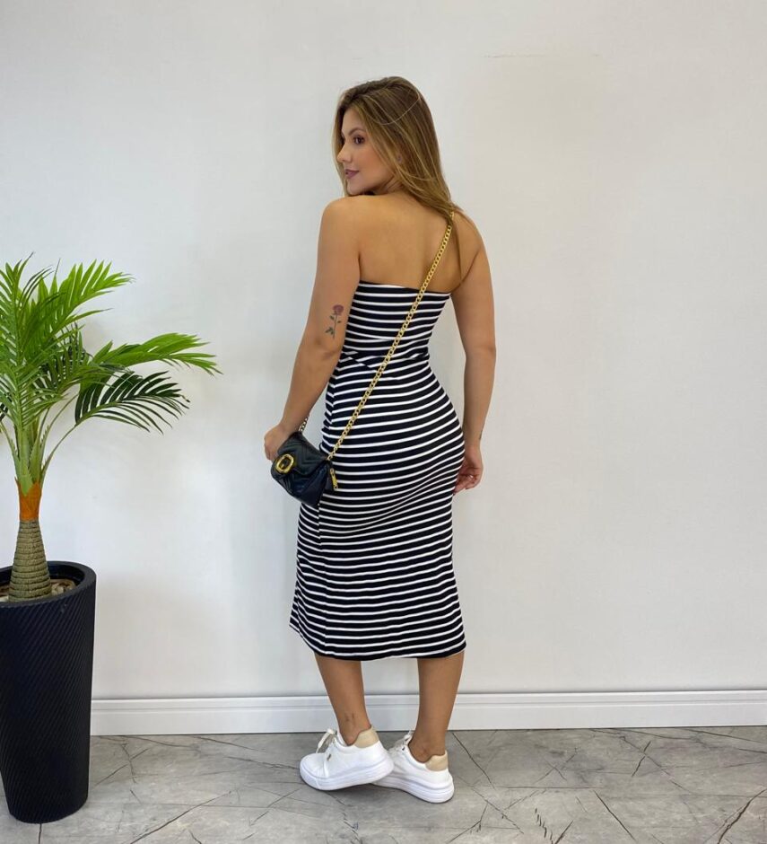 Vestido Feminino com Bojo Canelado Tomara que Caia Listrado Preto - Fernanda Ramos Store