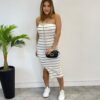 Vestido Feminino com Bojo Malha Canelada Tomara que Caia Listrado Branco - Fernanda Ramos Store