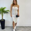 Vestido Feminino com Bojo Malha Canelada Tomara que Caia Listrado Branco - Fernanda Ramos Store