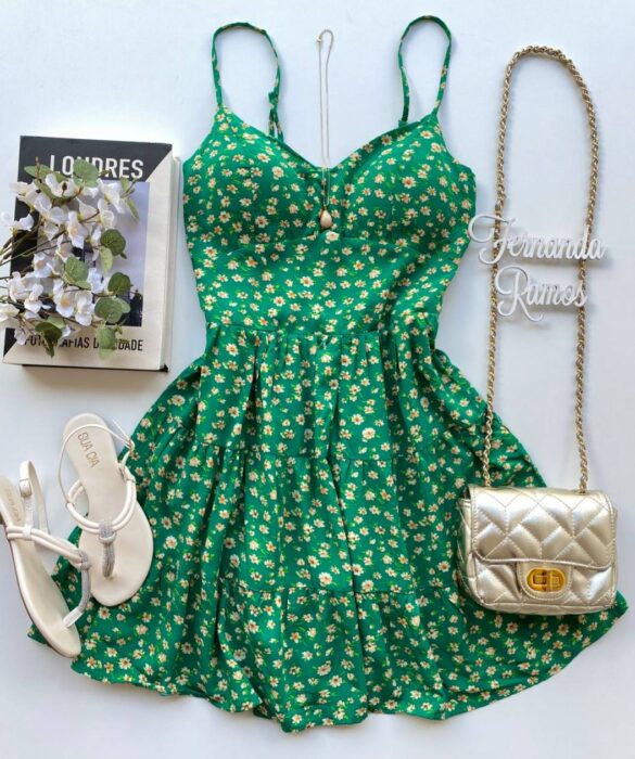 Vestido Feminino Curto com Bojo Luiza Estampado Verde - Fernanda Ramos Store