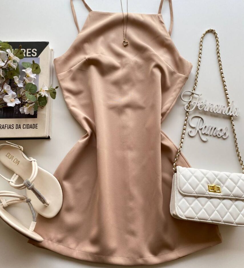 Vestido Feminino Curto sem Bojo Alça Regulável Milena Bege - Fernanda Ramos Store