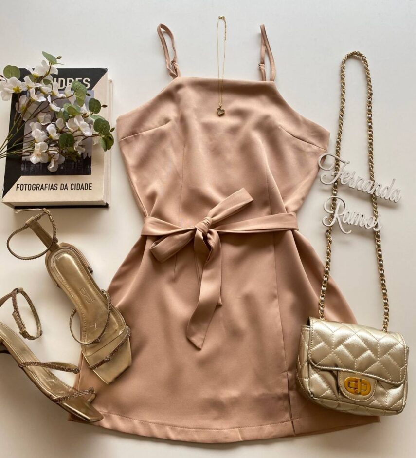 Vestido Feminino Curto sem Bojo Allana com Amarração Bege - Fernanda Ramos Store