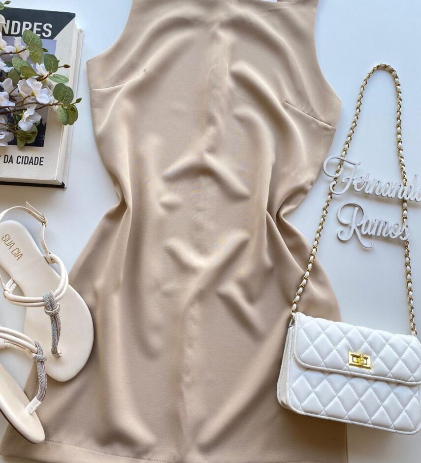 Vestido Feminino Curto sem Bojo Zíper Atrás Rafaela Bege - Fernanda Ramos Store