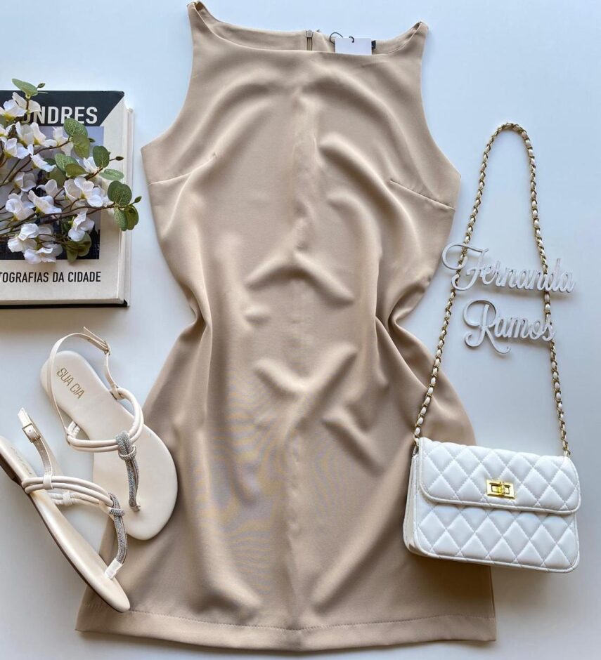 Vestido Feminino Curto sem Bojo Zíper Atrás Rafaela Bege - Fernanda Ramos Store