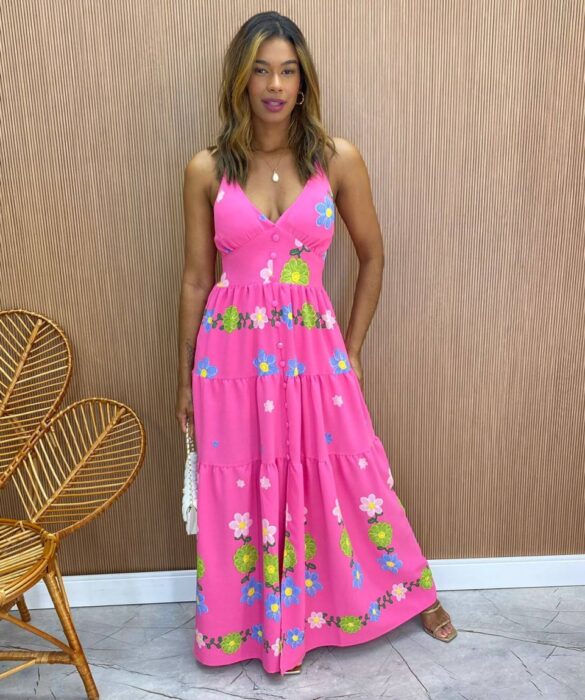 Vestido Longo com Bojo Alice Alça Regulável Estampado Rosa - Fernanda Ramos Store