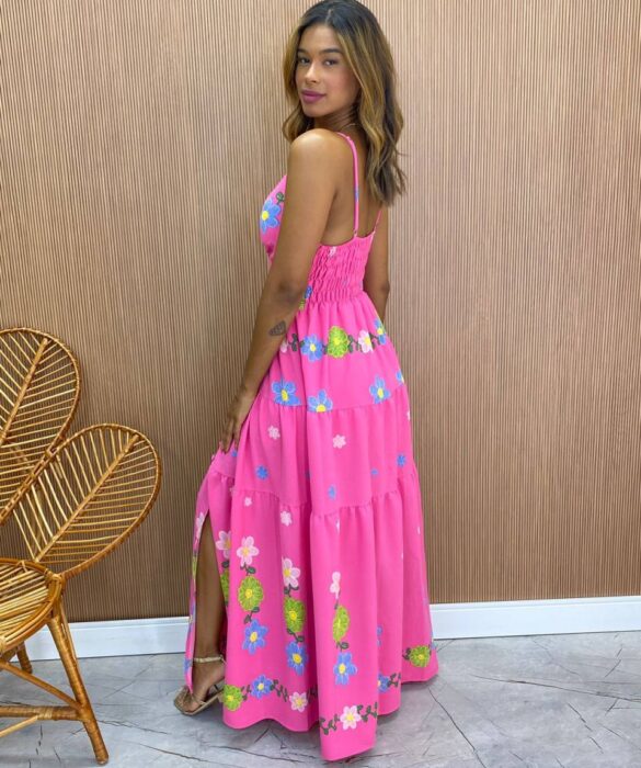 Vestido Longo com Bojo Alice Alça Regulável Estampado Rosa - Fernanda Ramos Store