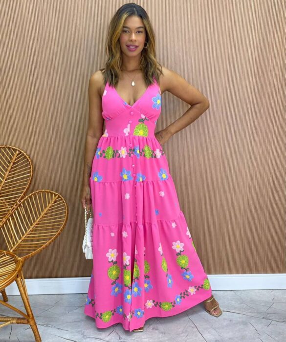 Vestido Longo com Bojo Alice Alça Regulável Estampado Rosa - Fernanda Ramos Store