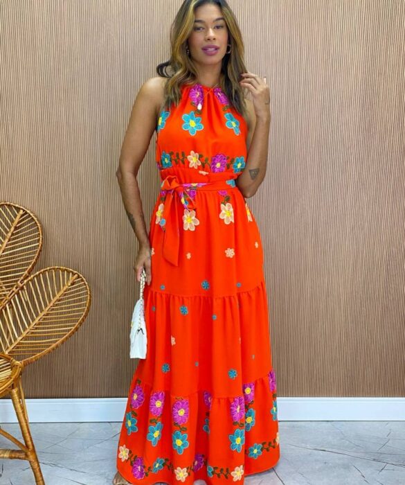 Vestido Longo com Bojo e Amarração Sofia Estampado Coral - Fernanda Ramos Store