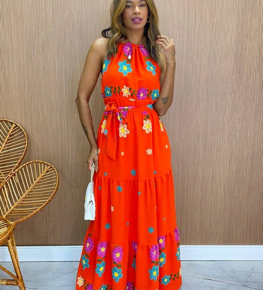 Vestido Longo com Bojo e Amarração Sofia Estampado Coral - Fernanda Ramos Store