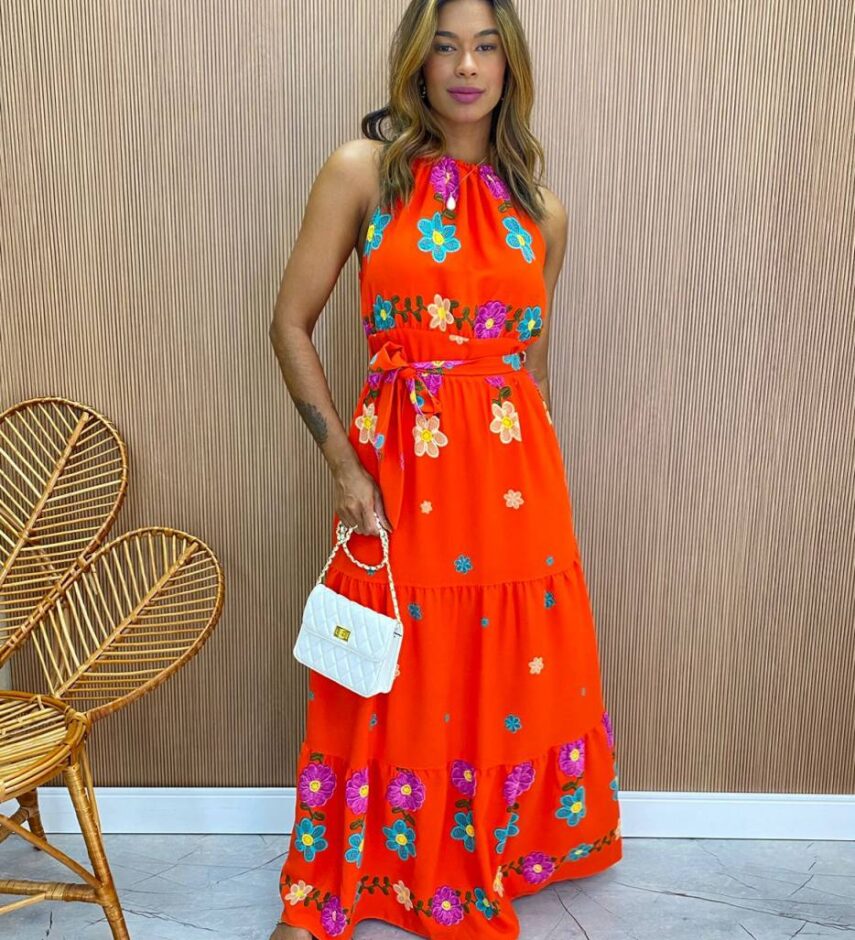 Vestido Longo com Bojo e Amarração Sofia Estampado Coral - Fernanda Ramos Store