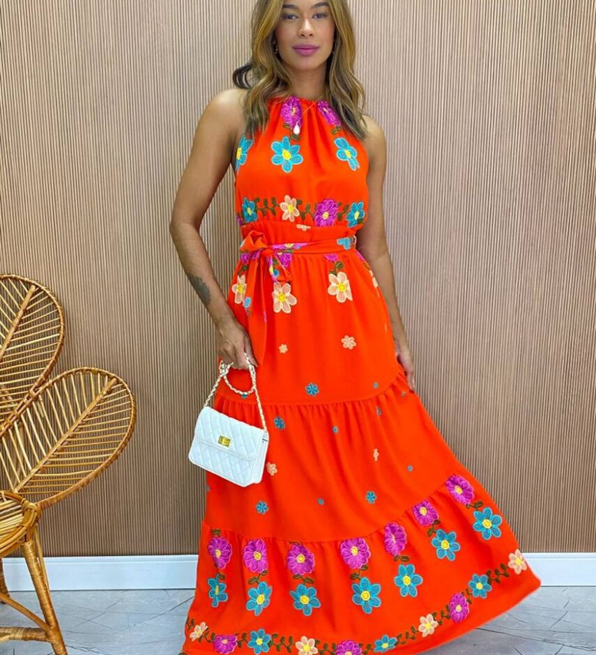 Vestido Longo com Bojo e Amarração Sofia Estampado Coral - Fernanda Ramos Store